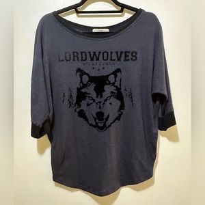 ZARA TRAFALUC LORDWOLVES BLACK/NAVY PRINT DOLMAN TOP (M)